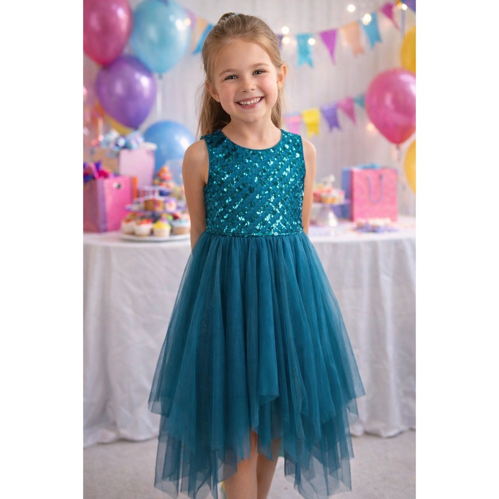 Lilt Teal Sequin Tulle Dress Girls 8 Handkerchief Hem Sleeveless Party Festive